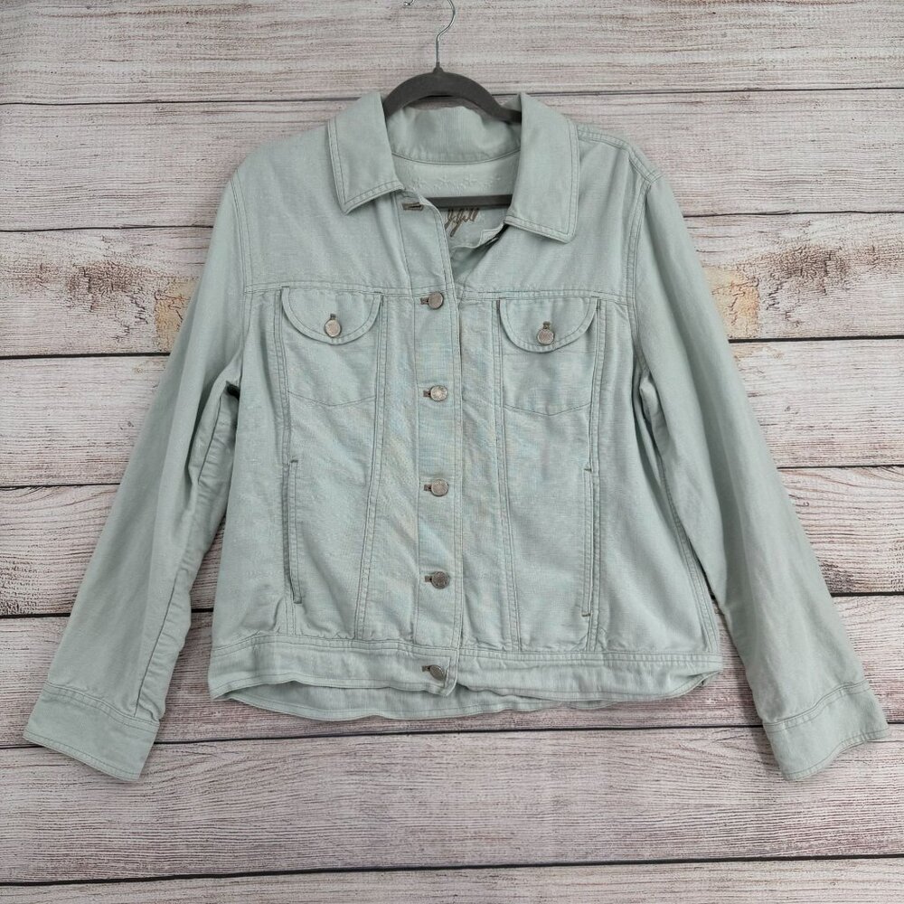 J. Jill Linen Blend Trucker Style‎ Jacket Women's Size M Sterling Blue/Silver